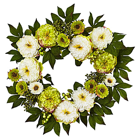 Nearly Natural Peony Mum 24”H Plastic Wreath, 24”H x 24”W x 3”D, White