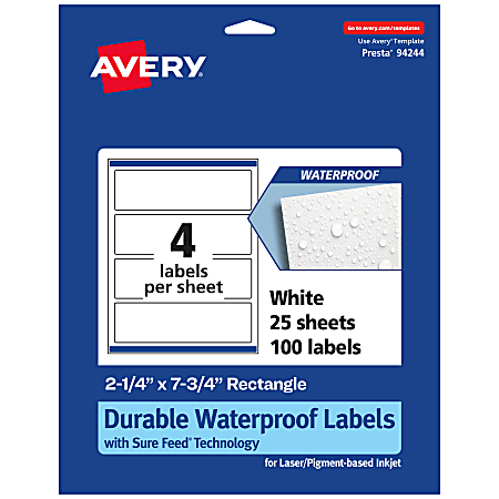 Avery® Waterproof Permanent Labels With Sure Feed®, 94244-WMF25, Rectangle, 2-1/4" x 7-3/4", White, Pack Of 100