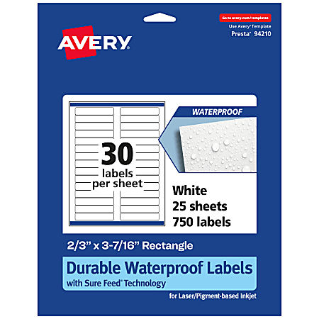 Avery® Waterproof Permanent Labels With Sure Feed®, 94210-WMF25, Rectangle, 2/3" x 3-7/16", White, Pack Of 750