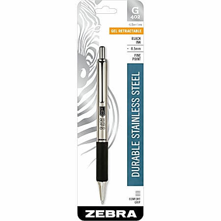 Zebra STEEL 4 Series G-402 Retractable Gel Pen - Fine Pen Point - 0.5 mm Pen Point Size - Retractable - Black Gel-based Ink - Stainless Steel Barrel - 1 Each