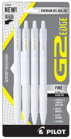 Pilot G2 Edge White Gel Pens, Fine Point, 0.7mm, White Barrels, Black Ink, Pack of 4 pens