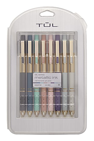 TUL® GL Series Retractable Gel Pens, Medium Point, 0.8 mm, Assorted Barrel Colors With Gold Block, Assorted Metallic Inks, Pack Of 8 Pens