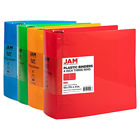 JAM PAPER 3 Ring Plastic Binder, 4 inch, Assorted, 4/Pack