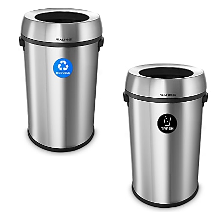 Alpine Industries Stainless Steel Open Top Recycling Bin And Trash Receptacles, 17 Gallons, Silver, Pack Of 2 Receptacles