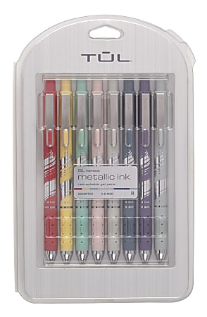 TUL® GL Series Retractable Gel Pens, Medium Point, 0.8 mm, Assorted Barrel Colors With Silver Brushed Foil, Assorted Metallic Inks, Pack Of 8 Pens