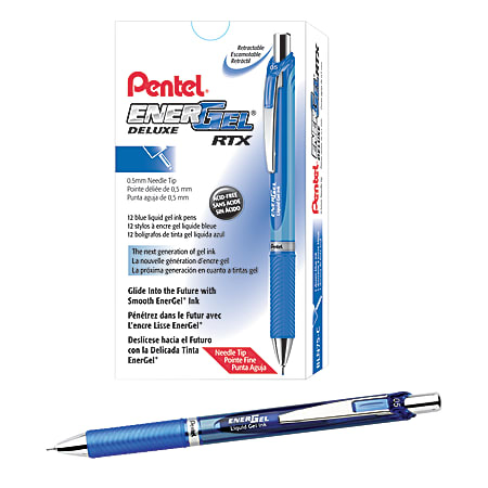 Pentel® EnerGel™ RTX Retractable Liquid Gel Pens, Fine Point, 0.5 mm, 54% Recycled, Assorted Barrel Colors, Blue Ink, Pack Of 12 Pens