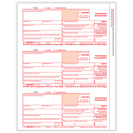 ComplyRight® 1099-NEC Tax Forms, Federal Copy A, 3-Up, 8-1/2" x 11", Pack Of 1,500 Forms