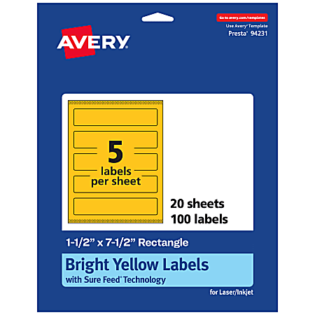 Avery® Print-To-The-Edge Labels With Sure Feed® Technology, 94231-BYP20, Rectangle, 1-1/2" x 7-1/2", Matte Bright Yellow, Pack of 100