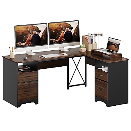 Bestier 63"W L-Shaped Corner Executive Desk With Monitor Stand &amp; Open Storage, Cherry