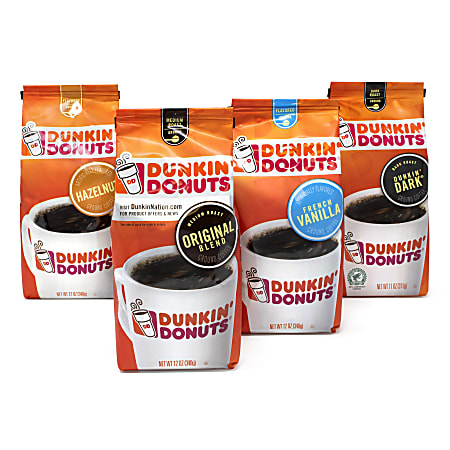 Dunkin' Donuts® Ground Coffee, Variety Box, 12 Oz Per Bag, Carton Of 4 Bags