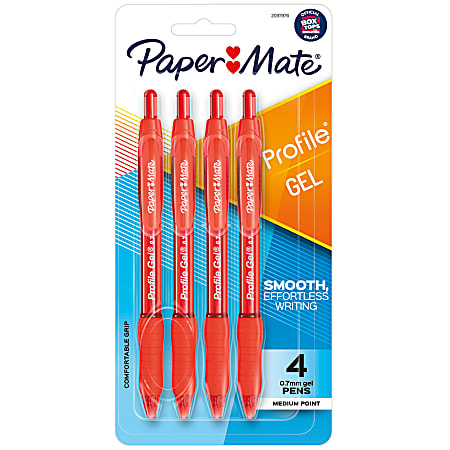Paper Mate® Profile Retractable Gel Pens, Medium Point, 0.7 mm, Red Barrel, Red Ink, Pack Of 4 Pens