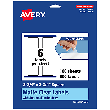 Avery® Permanent Labels With Sure Feed®, 94109-CMF100, Square, 2-3/4" x 2-3/4", Matte Clear, Pack Of 600