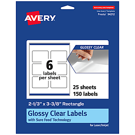 Avery® Glossy Permanent Labels With Sure Feed®, 94212-CGF25, Rectangle, 2-1/3" x 3-3/8", Clear, Pack Of 150