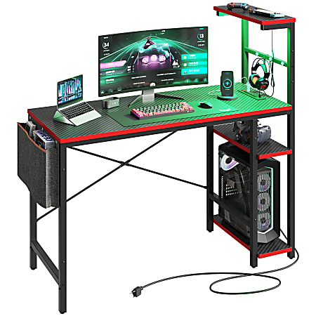 Bestier LED Gaming Computer Desk With Power Outlets, Shelves, Hook & Side Bag, 45"W, Carbon Fiber Black
