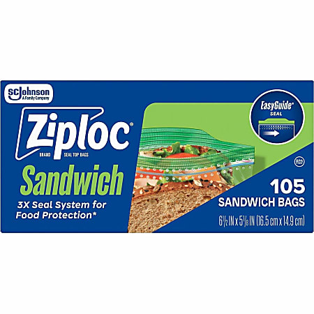 Ziploc&reg; Sandwich Bags - 6.50" - Zipper, Seal Closure - Plastic - Sandwich, Storage, Food, Snack, Fruit, Vegetables - 105 / Box