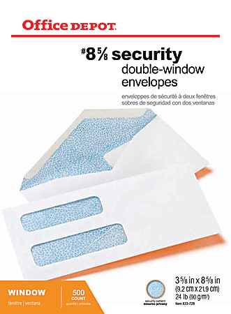 Office Depot Double-Window Envelopes 8 5/8in. Self-Adhesive 3 5/8in. x 8 5/8in. 77159 White Box of 250 