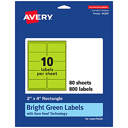 Avery® Printable Labels With Sure Feed® Technology, 94207-BGP80, Rectangle, 2" x 4", Matte Bright Green, Pack of 800