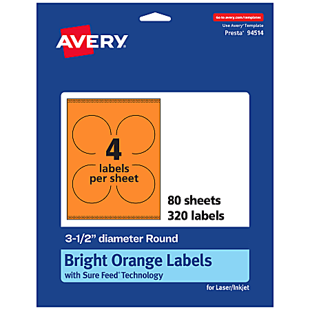 Avery® Print-To-The-Edge Labels With Sure Feed® Technology And Easy Peel® Label Feature, 94514-BOP80, Round, 3-1/2", Matte Bright Orange, Pack of 320
