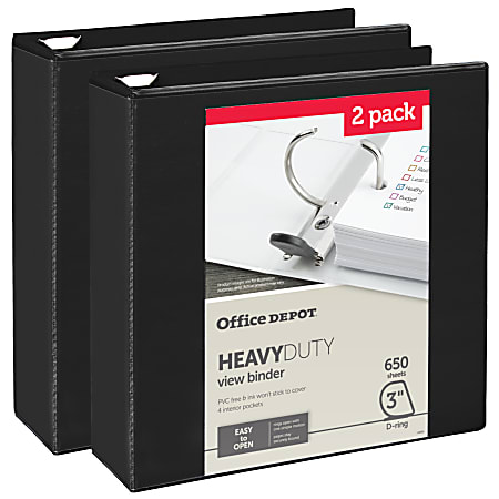 Office Depot® Heavy-Duty View 3-Ring Binder, 3" D-Rings, Black, 49% Recycled, Pack Of 2