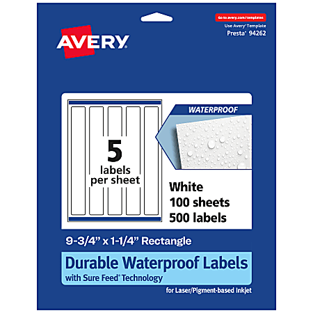 Avery® Waterproof Permanent Labels With Sure Feed®, 94262-WMF100, Rectangle, 9-3/4" x 1-1/4", White, Pack Of 500