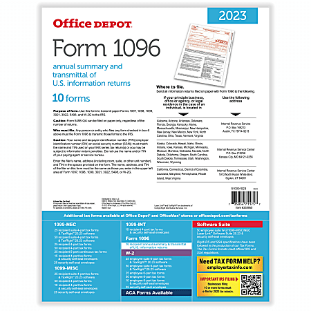 Office Depot Brand 1096 Laser Tax Forms 1 Part 8 12 x 11 Pack Of 10 ...