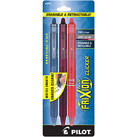Pilot® FriXion® Ball Clicker Erasable Retractable Gel Pens, Pack of 3, Fine Point, 0.7 mm, Navy/Burgundy/Salmon Barrels, Navy/Burgundy/Salmon Ink