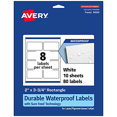 Avery® Waterproof Permanent Labels With Sure Feed®, 94240-WMF10, Rectangle, 2" x 3-3/4", White, Pack Of 80
