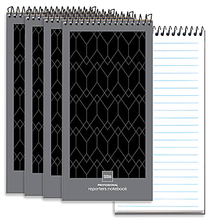 Office Depot® Brand Professional Reporter's Notebook, 4" x 8", Black/Gray, Legal/Wide Ruled, 140 Pages (70 Sheets), Pack Of 4
