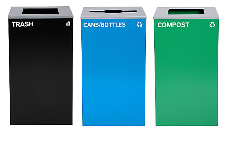 Alpine Industries Stainless-Steel Open Top Cans/Bottles, Compost And Trash Can Set With Square And Mixed Lids, 29 Gallons, 30”H x 16-15/16”W x 16-15/16”D, Black/Blue/Green, Set Of 3 Trash Cans