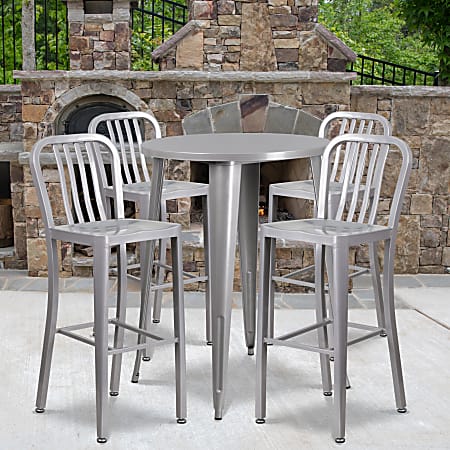 Flash Furniture Commercial-Grade 30" Round Metal Indoor-Outdoor Bar Table with 4 Vertical-Slat-Back Stools, Silver