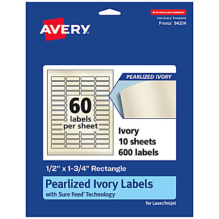 Avery® Pearlized Permanent Labels With Sure Feed®, 94204-PIP10, Rectangle, 1/2" x 1-3/4", Ivory, Pack Of 600 Labels