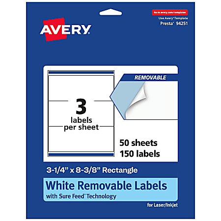 Avery® Removable Labels With Sure Feed®, 94251-RMP50, Rectangle, 3-1/4" x 8-3/8", White, Pack Of 150 Labels