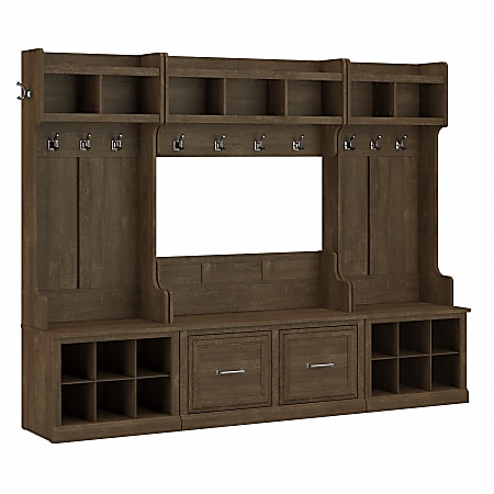 kathy ireland® Home by Bush Furniture Woodland Full Entryway Storage Set With Coat Rack And Shoe Bench With Doors, Ash Brown, Standard Delivery