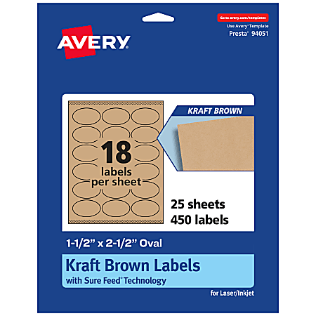 Avery® Kraft Permanent Labels With Sure Feed®, 94051-KMP25, Oval, 1-1/2" x 2-1/2", Brown, Pack Of 450