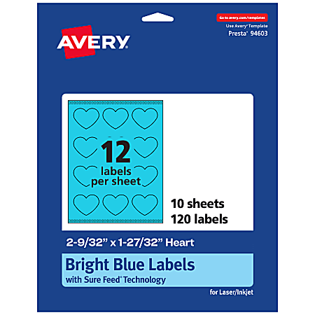 Avery® Print-To-The-Edge Labels With Sure Feed® Technology, 94603-BBP10, Heart, 2-9/32" x 1-27/32", Matte Bright Blue, Pack of 120