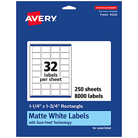 Avery® Permanent Labels With Sure Feed®, 94226-WMP250, Rectangle, 1-1/4" x 1-3/4", White, Pack Of 8,000