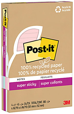 Post-it 100% Recycled Paper Lined Super Sticky Notes, 180 Total Notes, Pack Of 4 Pads, 4” x 6”, Wanderlust Pastels, 45 Notes Per Pad