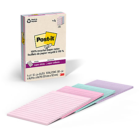 Post-it 100% Recycled Paper Lined Super Sticky Notes, 180 Total Notes, Pack Of 4 Pads, 4” x 6”, Wanderlust Pastels, 45 Notes Per Pad