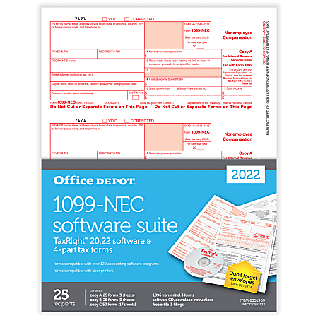 Office Depot® Brand 1099-NEC Laser Tax Forms With Software, 4-Part, 3-Up, 8-1/2" x 11", Pack Of 25 Form Sets