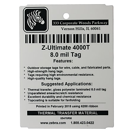 Zebra Z™Ultimate 4000T Thermal Transfer Labels, 05025RM, 8 mils, Pearl White, Pack Of 750