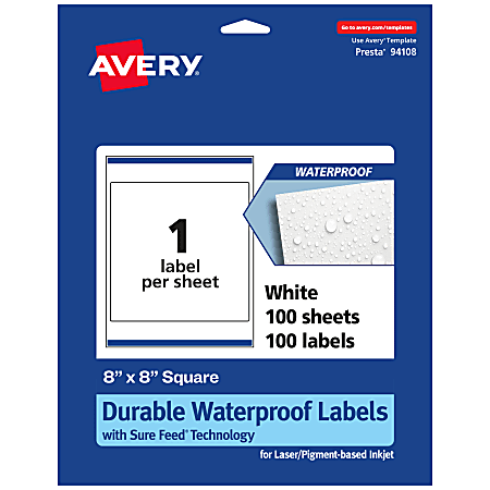 Avery® Waterproof Permanent Labels With Sure Feed®, 94108-WMF100, Square, 8" x 8", White, Pack Of 100