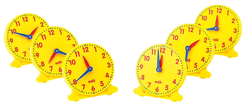 Learning Advantage Geared 12-Hour Time Clocks, Multicolor, Pack Of 6 Clocks, Grades 1-3