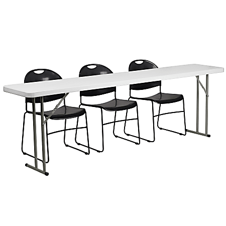 Flash Furniture Plastic Folding Training Table with 3 Plastic Stack Chairs, 29"H x 96"W x 18"D, Black/White