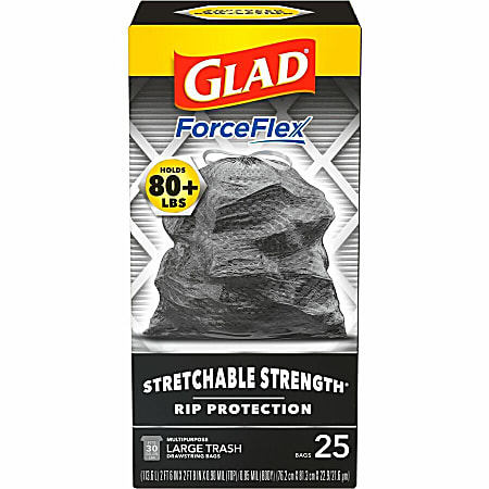 Glad ForceFlexPlus Large Drawstring Trash Bags Large Size 30 gal Capacity  24 Width x 25.13 Length Drawstring Closure Black Plastic 312Pallet 25 Per  Box - Office Depot