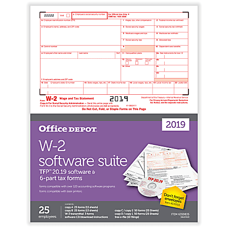 Office Depot® Brand W-2 Laser Tax Forms With Software, 2019 Tax Year, 2-Up, 6-Part, 8-1/2" x 11", Pack Of 25 Form Sets