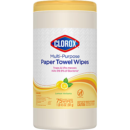 Clorox Paper Towel Wipes, 6-5/8" x 8-1/4", Lemon Verbena Scent, White, Canister Of 75 Wipes