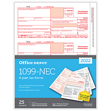 Office Depot® Brand 1099-NEC Laser Tax Forms, 4-Part, 3-Up, 8-1/2" x 11", Pack Of 25 Form Sets, NEC610592522