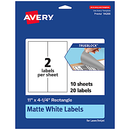Avery® TrueBlock® Labels, 94266-TWMP10, Rectangle, 11" x 4-1/4", Matte White, Pack Of 20