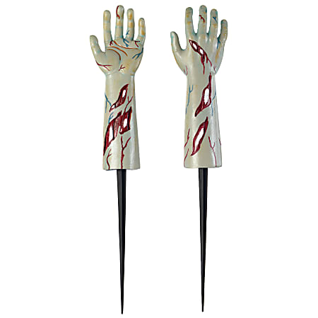 Amscan Zombie Hands Plastic Yard Stakes, 25” x 3” x 3”, Gray, Set Of 2 Stakes
