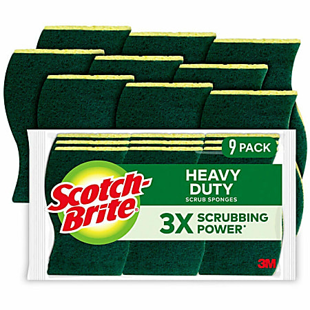 Scotch-Brite Heavy-Duty Scrub Sponges, 2.8"H x 4.5"W, 9 Pack, 5 / Carton, Yellow, Green